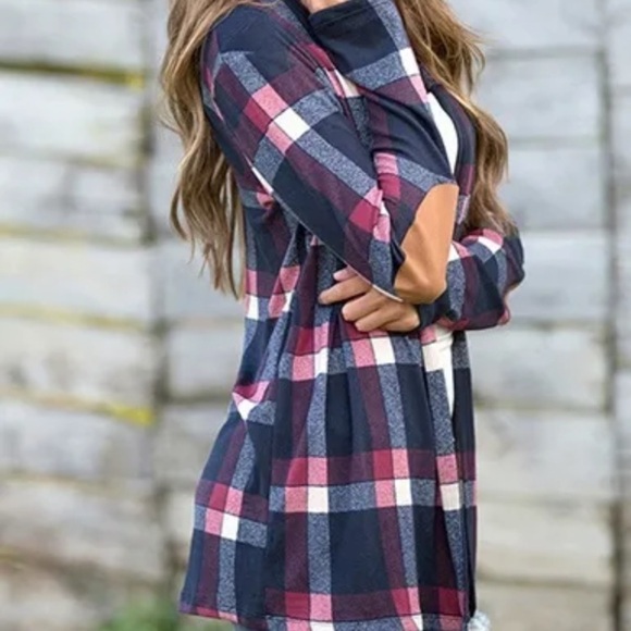 NWT Lightweight knit open front blue plaid shirt jacket faux suede elbow patches - Picture 7 of 9